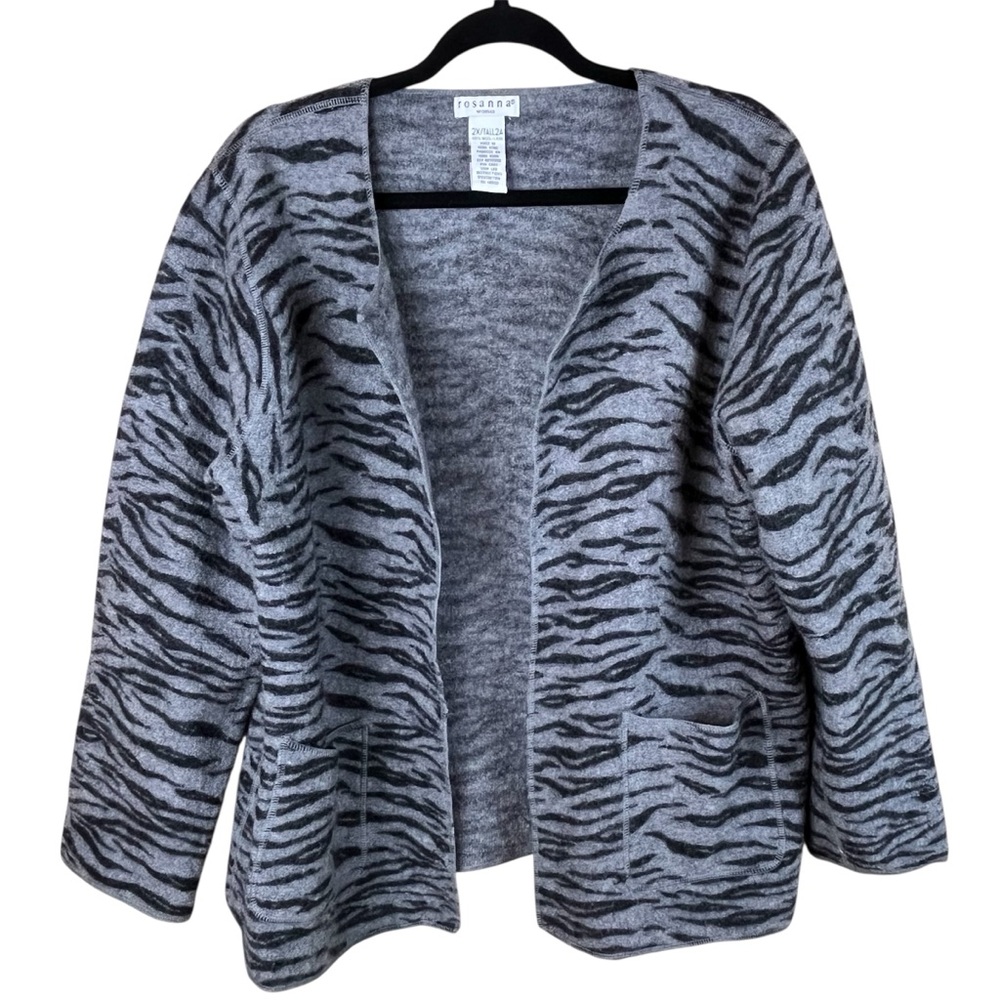 Rosanna 2X Gray & Black Zebra Print 100% Wool Open Front Cardigan with Pockets